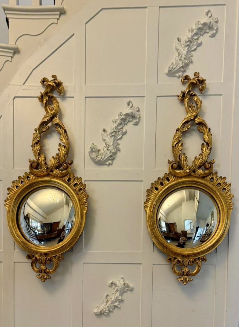 Antique Pair of Regency Style Giltwood Convex Girandole Wall Mirrors